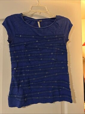 Women's Blue Short Sleeve Sequin Stripe Top